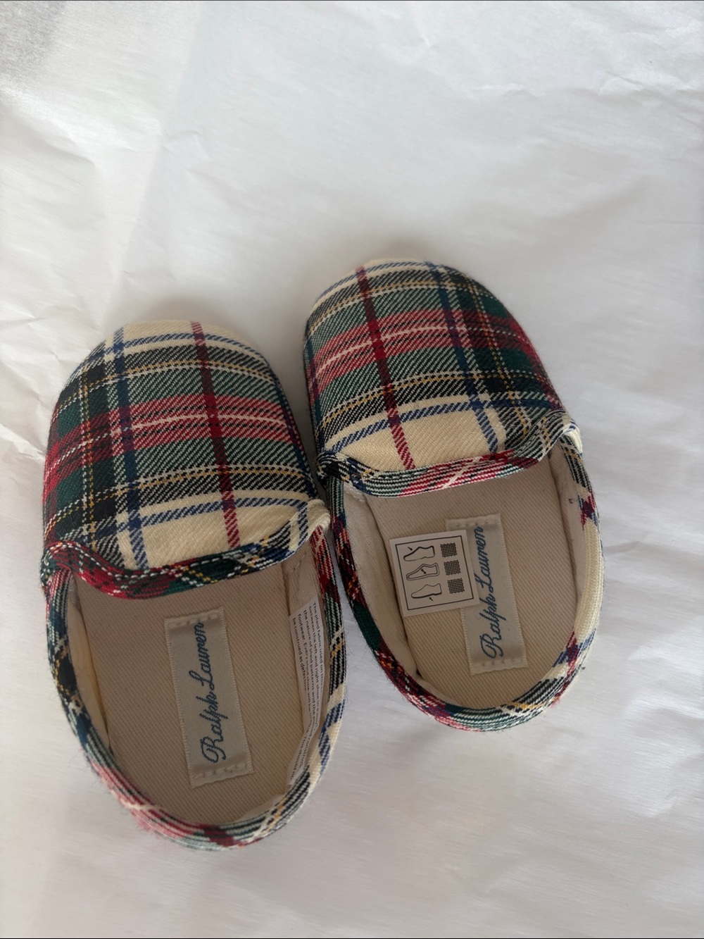 Never worn Ralph Lauren Kids Tartan Slip-On Moccasins in Red, Green, Navy